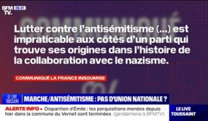 Marche contre l'antisémitisme: LFI annonce ne pas participer au rassemblement "aux côtés d'un parti qui trouve ses origines dans l'histoire de la collaboration avec le nazisme"