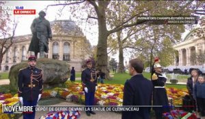 Cérémonie du 11-Novembre: Emmanuel Macron se recueille devant la statue de Georges Clemenceau