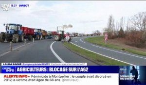 Mobilisation des agriculteurs: l'autoroute A62 bloquée au niveau de Castelsarrasin (Tarn-et-Garonne)