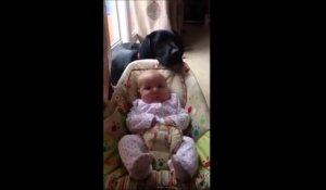 Un chien et un bébé se bercent mutuellement ! Adorable