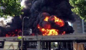 Un énorme incendie à Montréal du à l'explosion d'un camion citerne rempli de carburant !