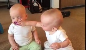 Deux bébés trop mignons se battent pour une tétine