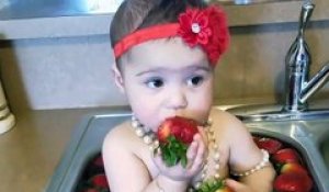 Une toute petite fille prend un savoureux bain de fraises