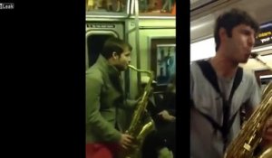Deux inconnus font une battle au saxophone dans le métro de NY