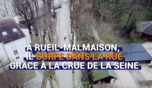 À Rueil-Malmaison, il surfe dans la rue grâce à la crue de la Seine