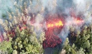 Un drone filme une coulée de lave dans une forêt (Hawaï)