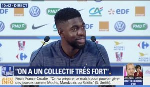 Coupe du monde: "Défensivement on a vachement progressé même s'il y a pas mal de jeunesse dans cette défense", affirme Samuel Umtiti en conférence de presse