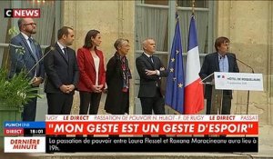 L'ancien ministre de l'Ecologie, Nicolas Hulot, les larmes aux yeux lors de la passation de pouvoir avec François de Rugy - VIDEO