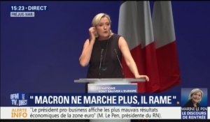 "Il n'y a plus d'argent... mais il y en a pour l'immigration." Marine Le Pen fustige la politique d'Emmanuel Macron à Fréjus