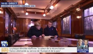 Emmanuel Macron et Angela Merkel poursuivent les commémorations dans une réplique du wagon dans lequel a été signé l'Armistice il y a 100 ans