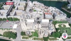 Notre-Dame : les images de la bâche vues par drone