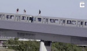 3 cascadeurs sautent d'un train en marche dans le fleuve Danube