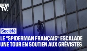 Le "Spiderman français" Alain Robert escalade la tour Total de La Défense en soutien aux grévistes
