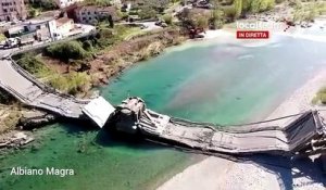 Drone volant au dessus du pont effondré entre la Ligurie et la Toscane (Italie)