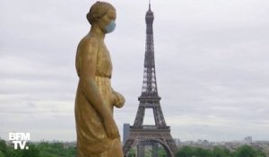 Les statues de la place du Trocadéro à Paris vêtues d'un masque pour sensibiliser le public