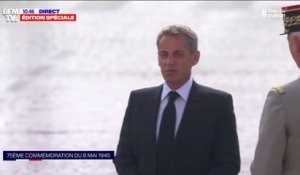 8-mai: la ministre de Armées Florence Parly et Nicolas Sarkozy arrivent Place Georges Clémenceau