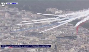 14-Juillet: la patrouille de France dessine un panache blanc dans le ciel de Paris pour honorer le personnel soignant