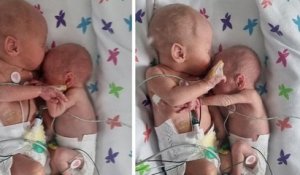 Des jumeaux prématurés s'enlacent après avoir passé deux semaines dans des couveuses différentes