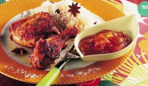 Cuisses de poulet à la tahitienne avec riz coco et chutney à la mangue