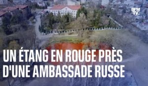 L'étang face à l'ambassade russe à Vilnius teint en rouge en protestation des crimes en Ukraine