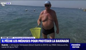 Épuisette à la main, ce touriste lorrain traque les méduses sur la plage de Cagnes-sur-Mer