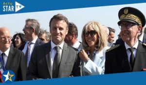 Brigitte Macron pimpante satinée en bleu ciel, le discours d'Emmanuel Macron parasité par un curieux