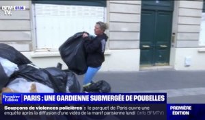Grève des éboueurs: une gardienne d'immeuble parisien submergée de poubelles