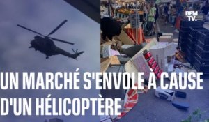 Les stands d’un marché s’envolent à cause d’un hélicoptère à basse altitude à Neuilly-sur-Seine