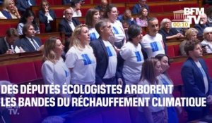 Des députés écologistes arborent les bandes du réchauffement climatique pour protester contre la planification écologique du gouvernement