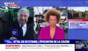 Dégradations en marge de la mobilisation des agriculteurs: "Il y a un État de droit, c'est le rôle de l'État de le faire respecter", réagit le président du Sénat, Gérard Larcher