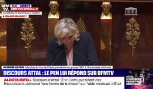 Déclaration de politique générale de Gabriel Attal: "Je n'ai pas senti le grand souffle qui puisse emporter le pays vers des lendemains heureux", affirme Marine Le Pen (RN)
