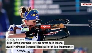 Julia Simon pour finir le relais mixte de la France, avec Éric Perrot, Quentin Fillon Maillet et Lou Jeanmonnot - JO 2026 - Biathlon